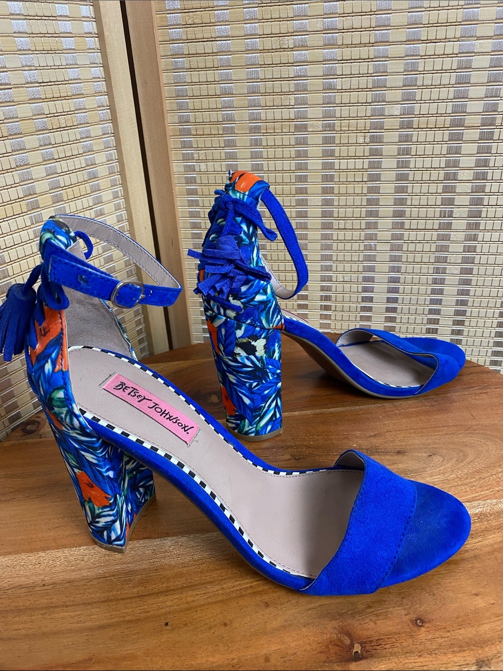 Betsey Johnson Blue Multi Print Ankle Strap Heels Size 10